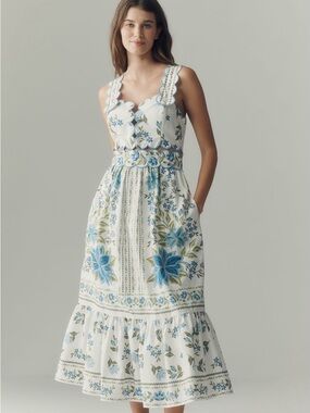 FARM Rio White Midi Dress with Blue & Green Floral Embroidery & Scalloped Straps